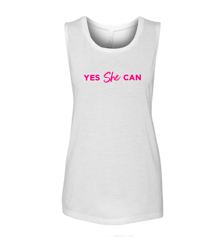 Yes She Can White Flowy Muscle Tank