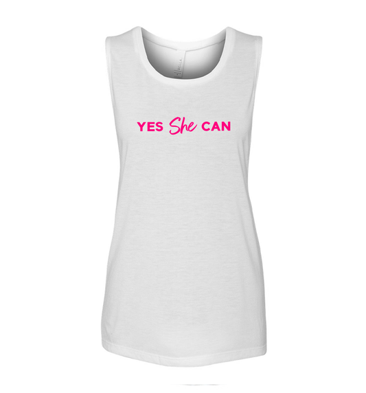 Yes She Can White Flowy Muscle Tank